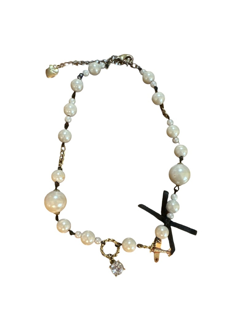 Betsey Johnson Vintage Pearl Charm Necklace Gold Tone Statement